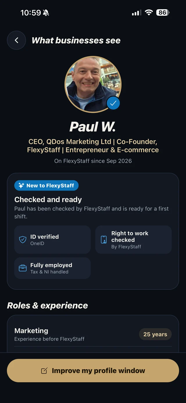 A worker’s profile in FlexyStaff: checked and ready, ID verified and right to work checked
