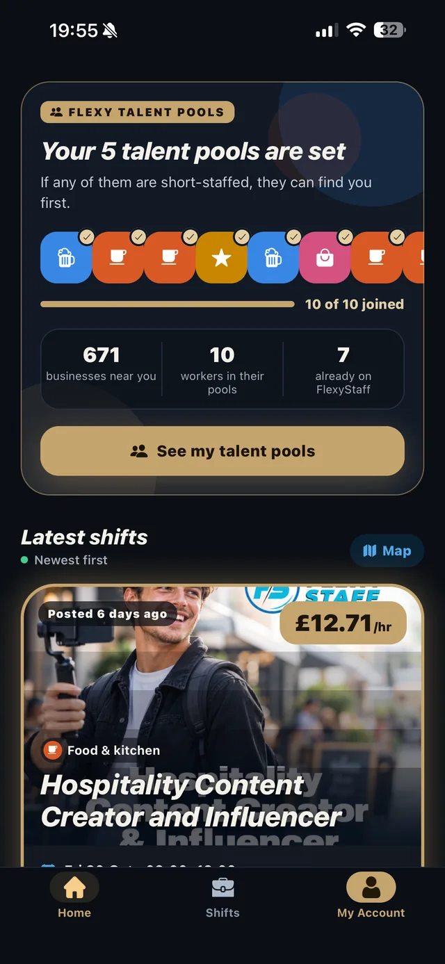 The FlexyStaff app home screen with talent pools and the latest shifts