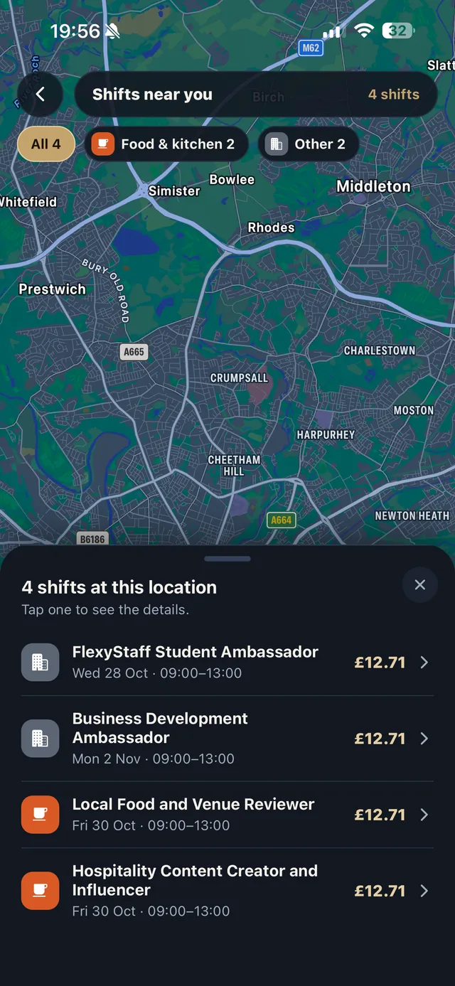 Shifts near you on a map in the FlexyStaff app