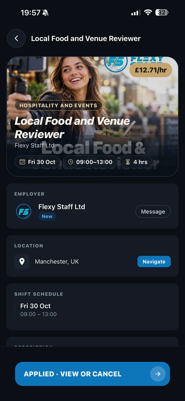A shift in the app, with the pay, date and time