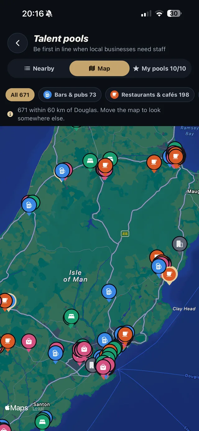 The talent pools map in the FlexyStaff app, showing local businesses staff can join