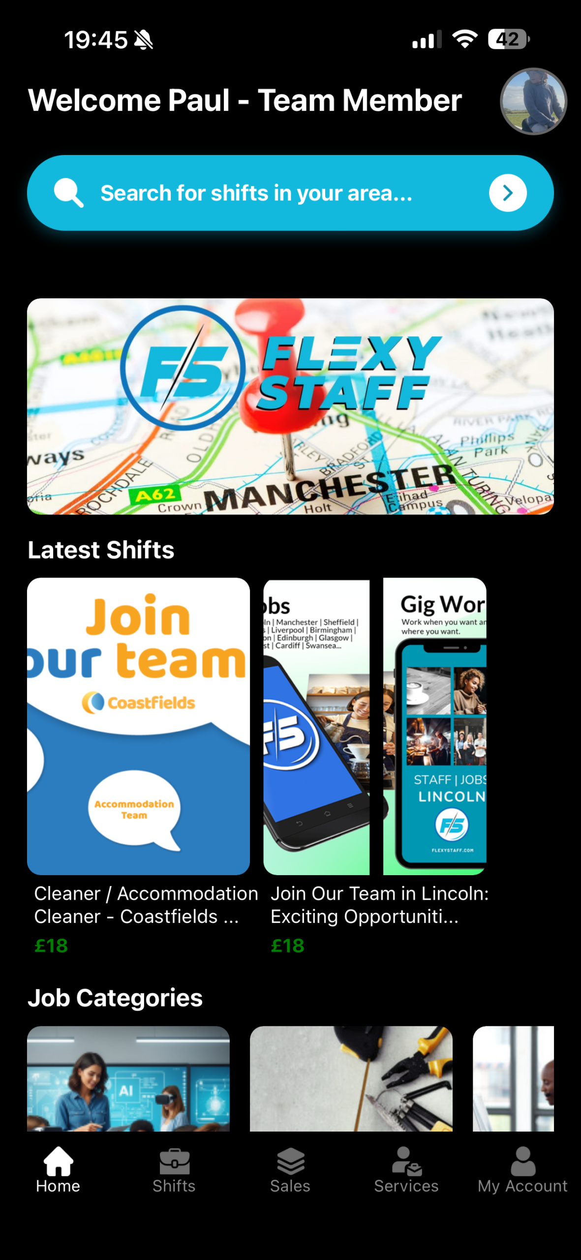 FlexyStaff app active shift screen with secure start code
