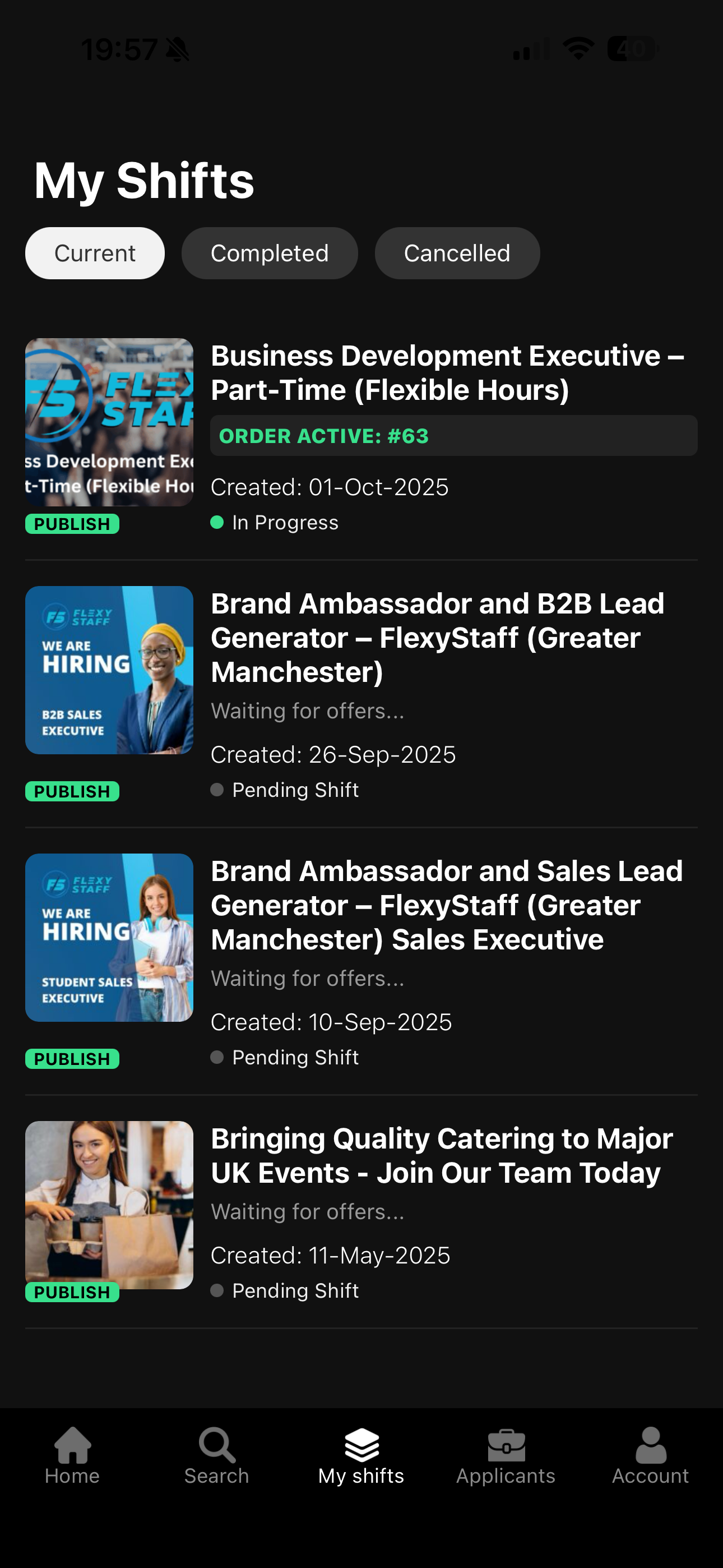 FlexyStaff app My Shifts screen showing live and pending temporary staffing opportunities in Greater Manchester